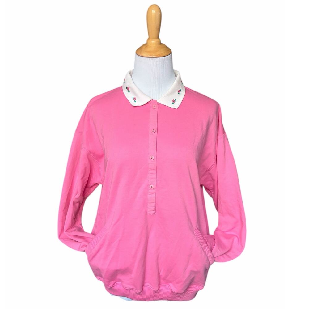 VTG 90's Blast Pink And White Rose Collared Polo Pocketed Sweatshirt Pullover
